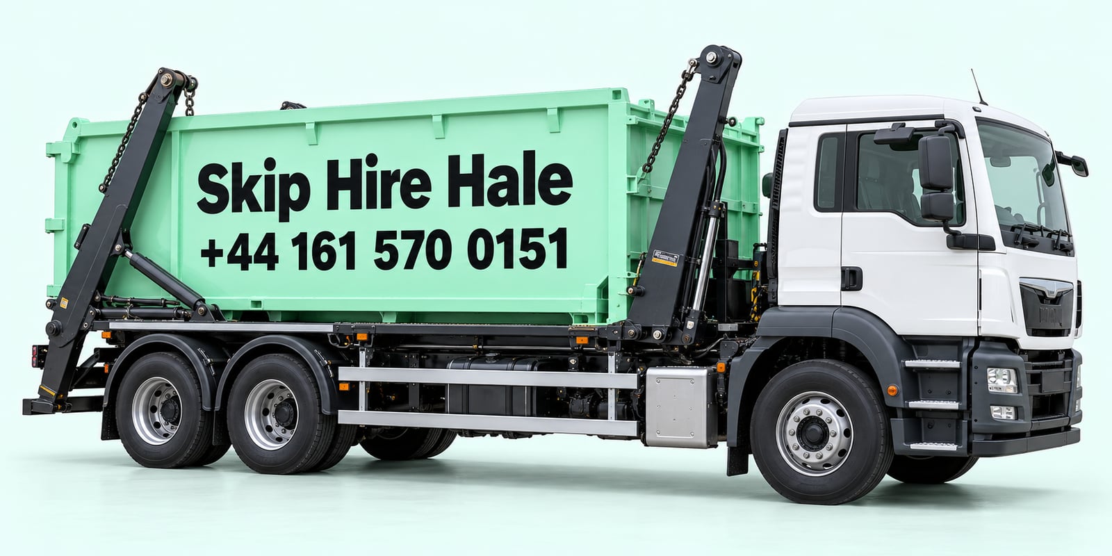 Illustration of a mint-green skip lorry signed Skip Hire Hale, +44 161 570 0151
