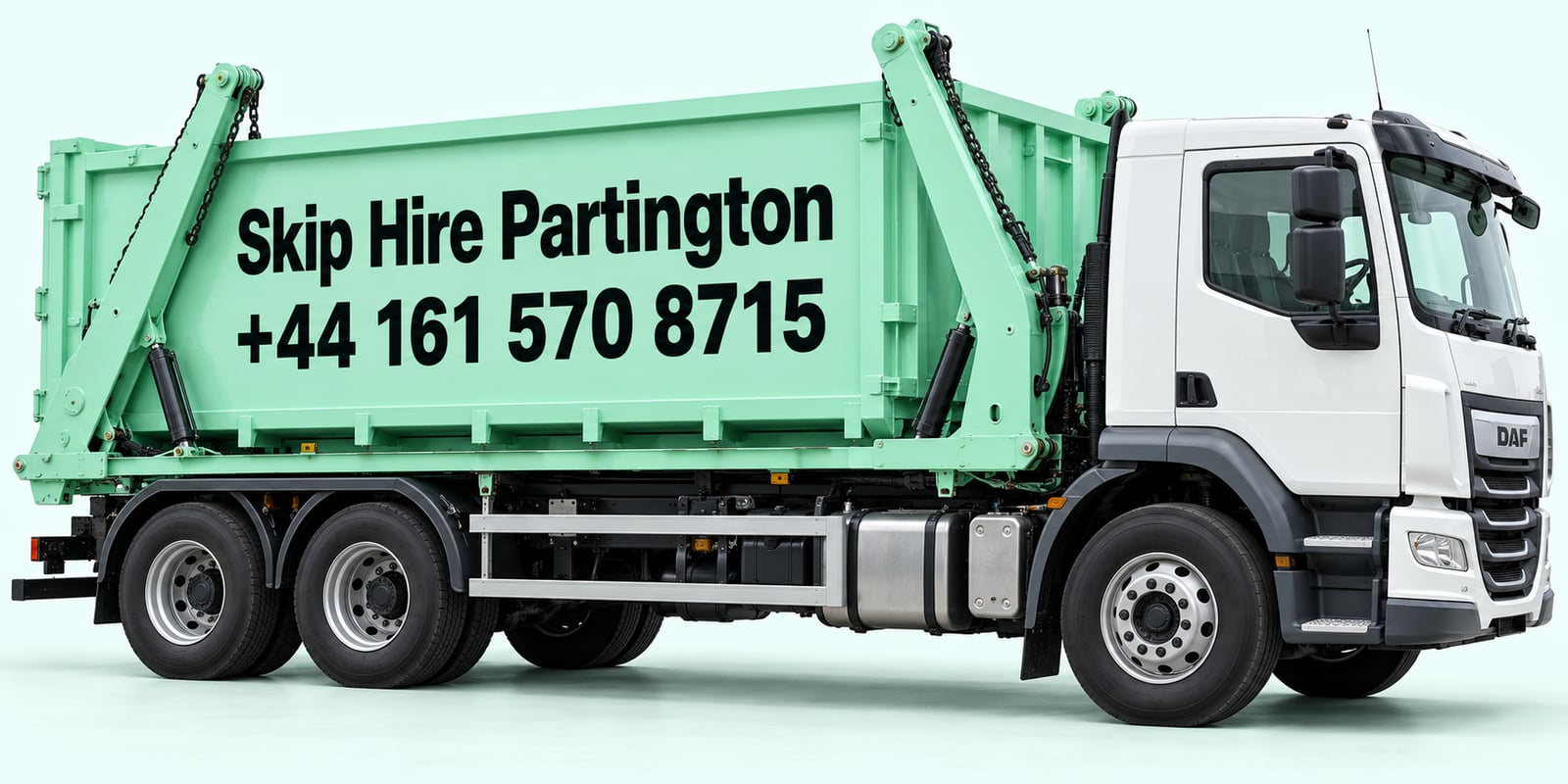 Illustration of a mint-green skip lorry signed Skip Hire Partington, +44 161 570 8715