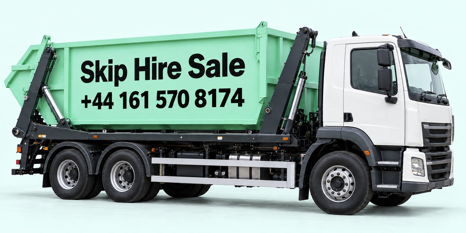 Illustration of a mint-green skip lorry signed Skip Hire Sale, +44 161 570 8174