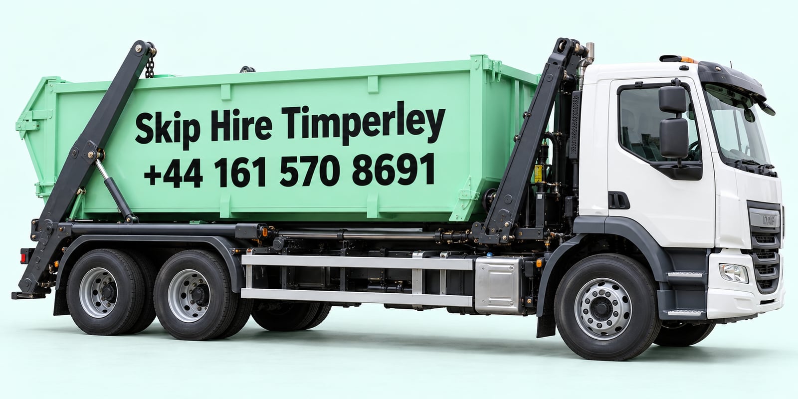 Illustration of a mint-green skip lorry signed Skip Hire Timperley, +44 161 570 8691