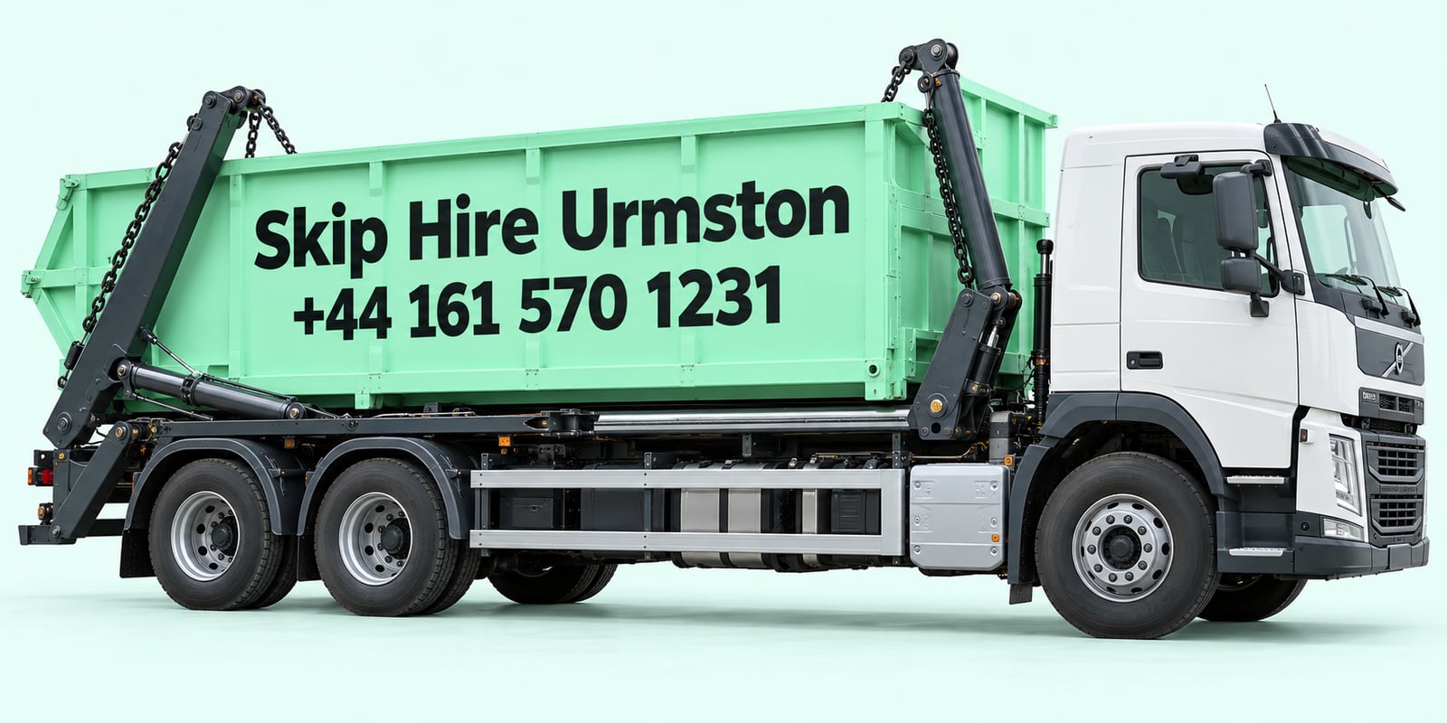 Illustration of a mint-green skip lorry signed Skip Hire Urmston, +44 161 570 1231